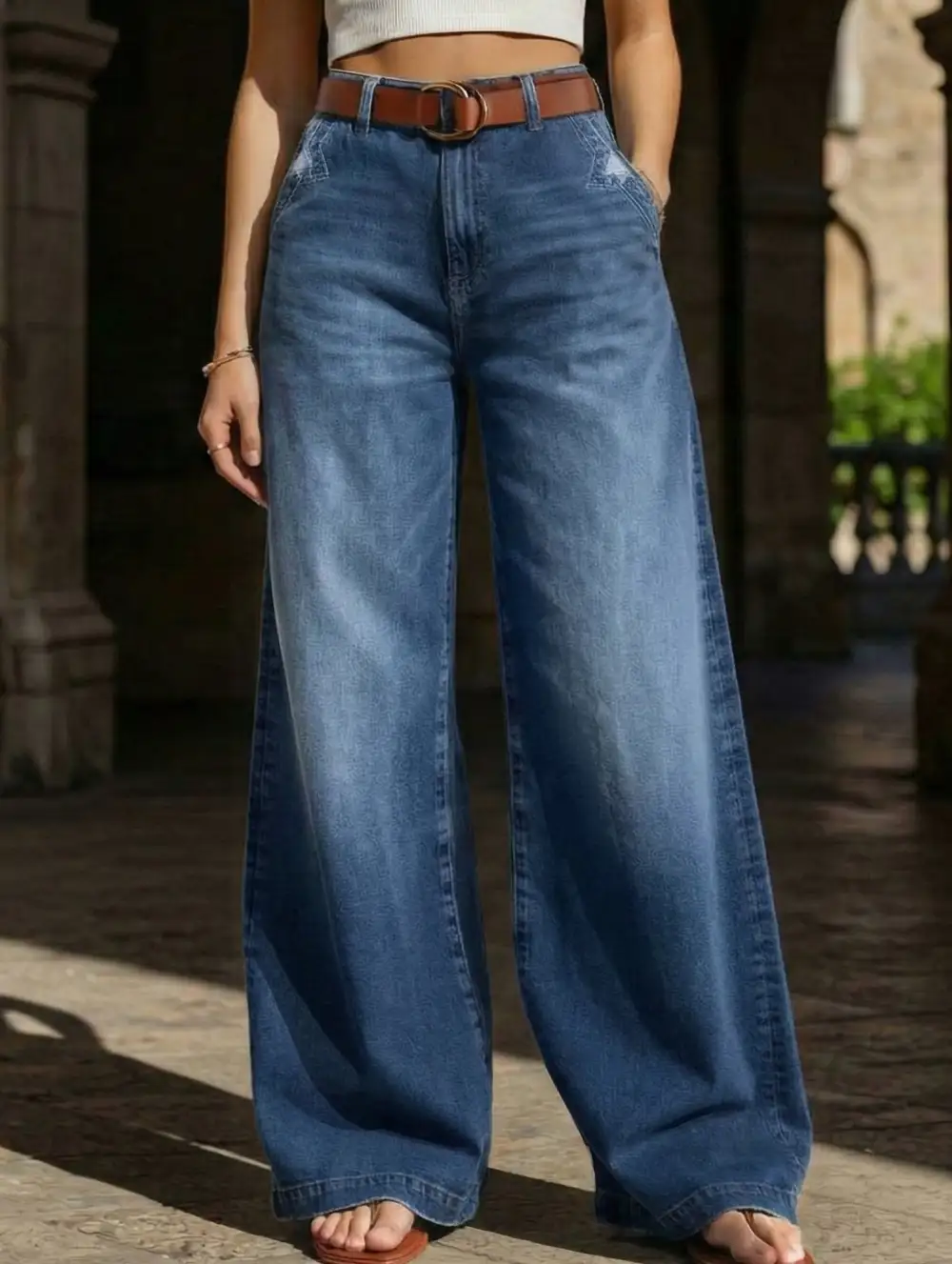 Wide-Leg Embroidered Stretch Straight Leg Casual Jeans