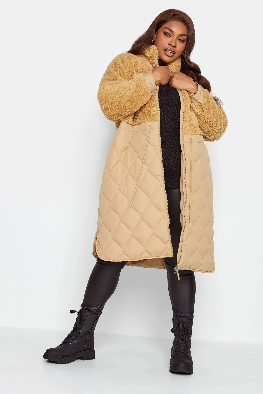 YOURS Curve Beige Brown Quilted Teddy Coat