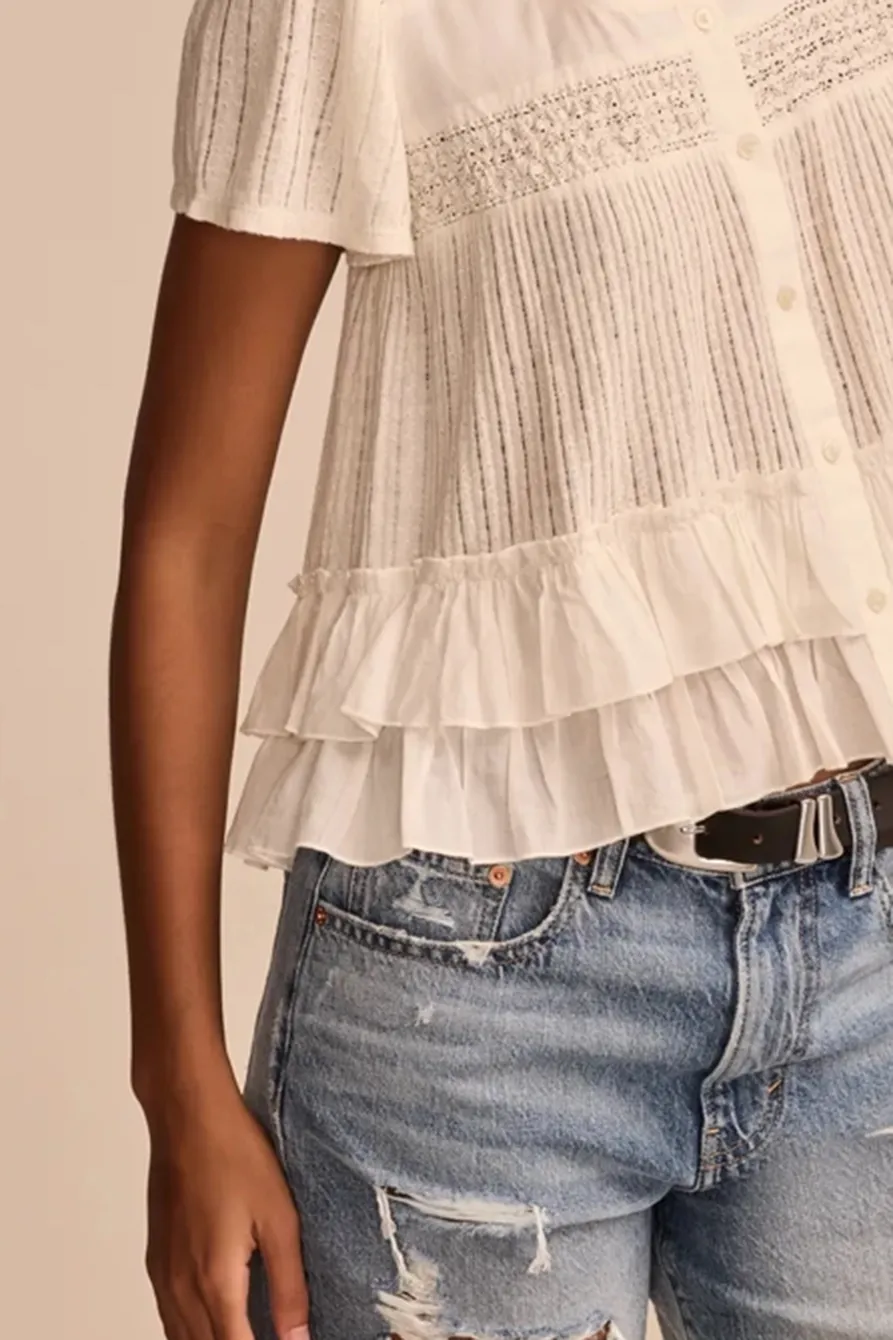 Whisper White Smocked Lace Tee