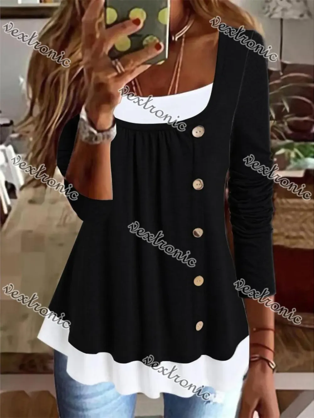 Women's Long Sleeve U-Neck Buttons Top