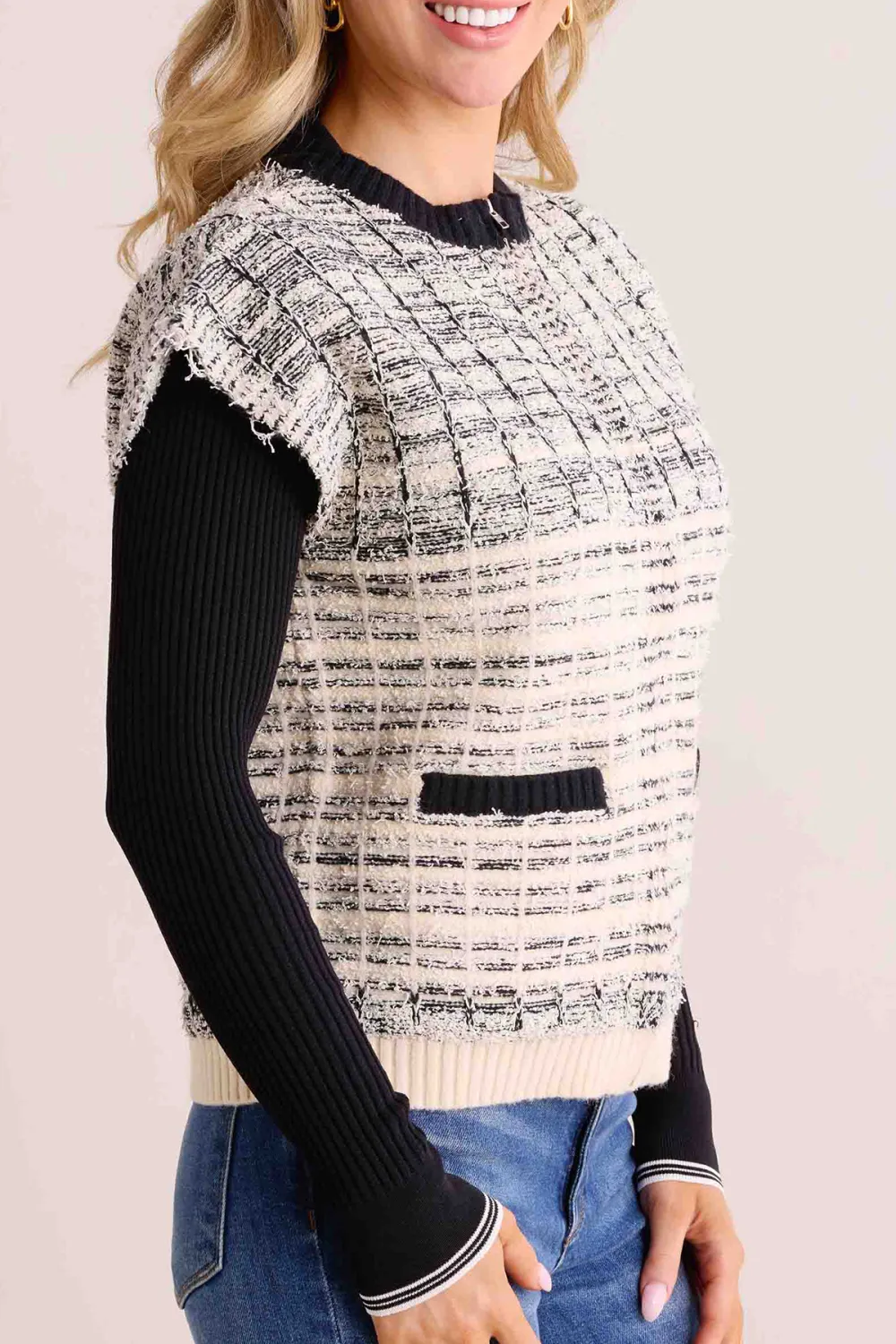 Tweed-Like Cap Sleeve Layered Knit Cardigan