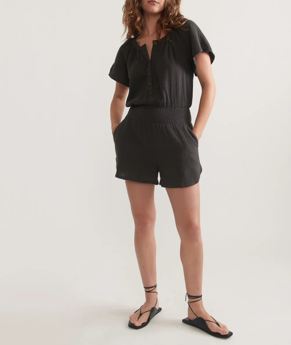 Short-Sleeve Buttoned Linen Romper