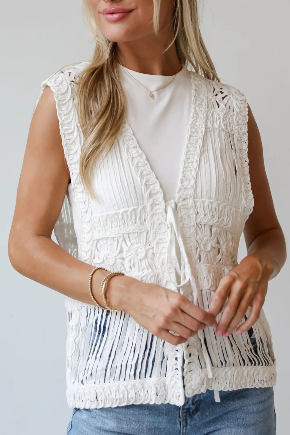 Upscale Look White Crochet Knit Vest