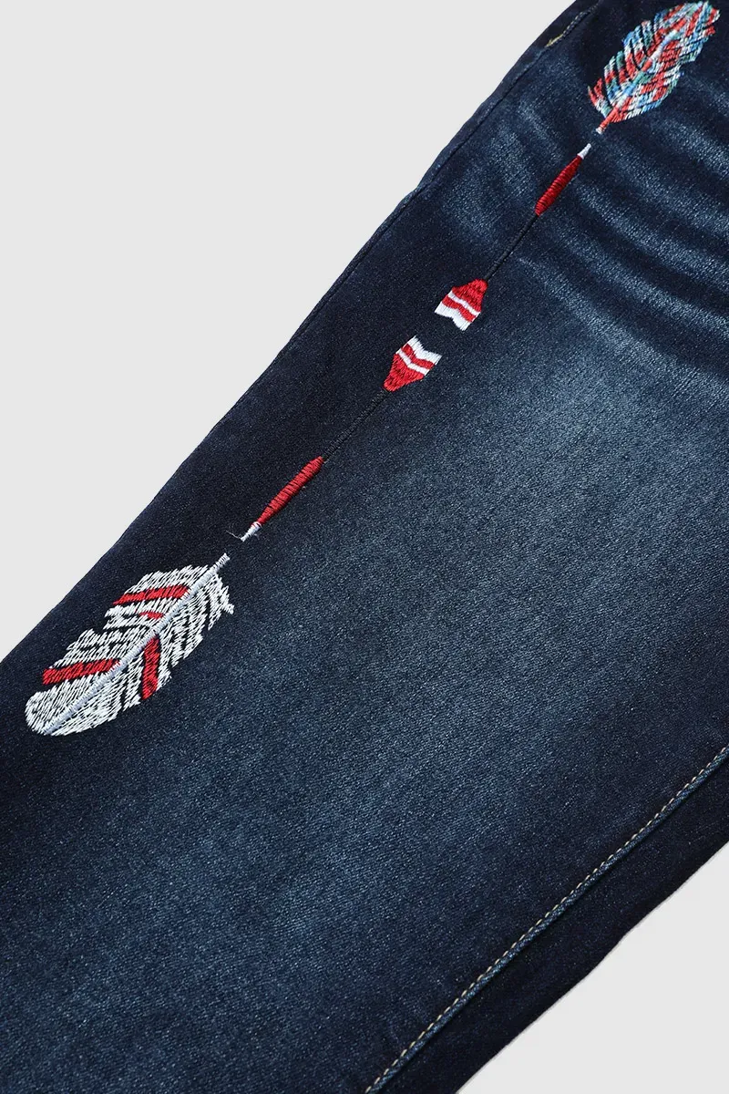 Feather Embroidery Mid Rise Bootcut Jeans