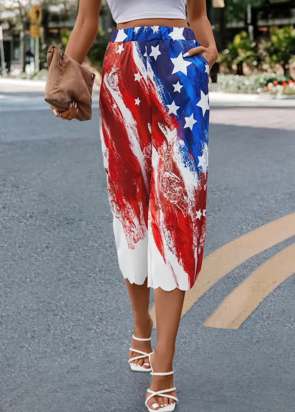 Multi Color Flag Print Elastic Waist Pants