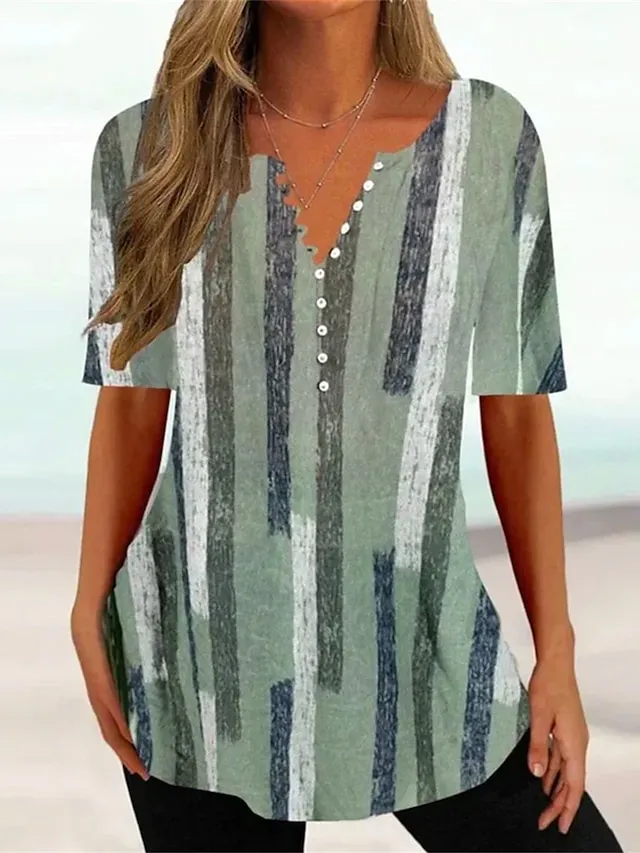 Women's T shirt Tee Henley Shirt Floral Holiday Weekend Grass Green Light Green Red Button Print Short Sleeve Tunic Basic Round Neck Regular Fit
