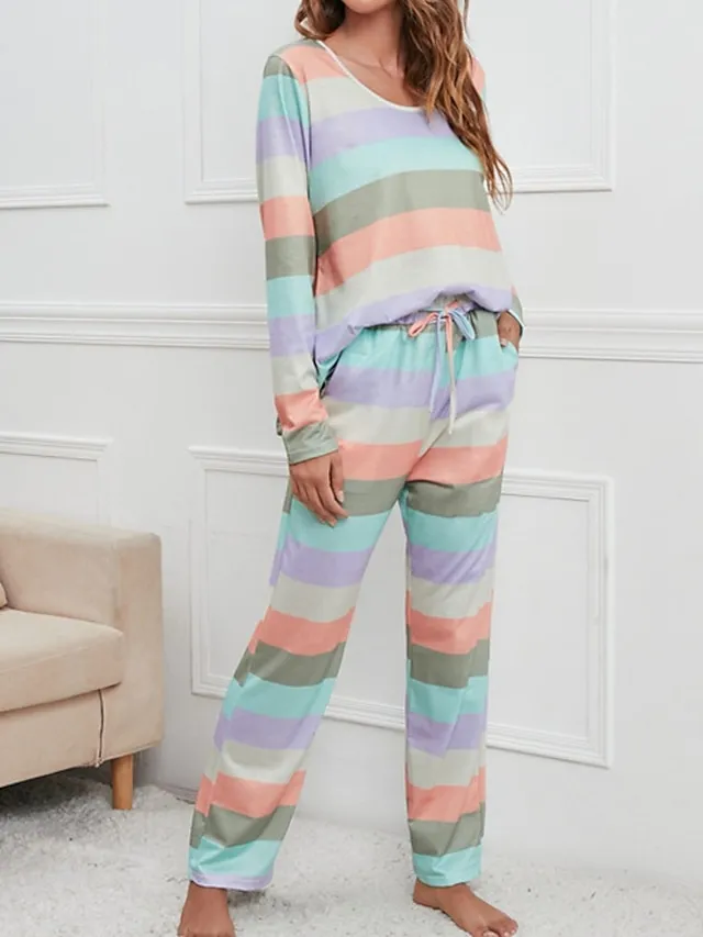 Women's Pajamas Nighty Pjs Sets 2 Pieces Rainbow Stripe Fashion Comfort Soft Home Daily Bed Cotton Breathable V Wire Long Sleeve T shirt Tee Pant Spring Fall Yellow Blue