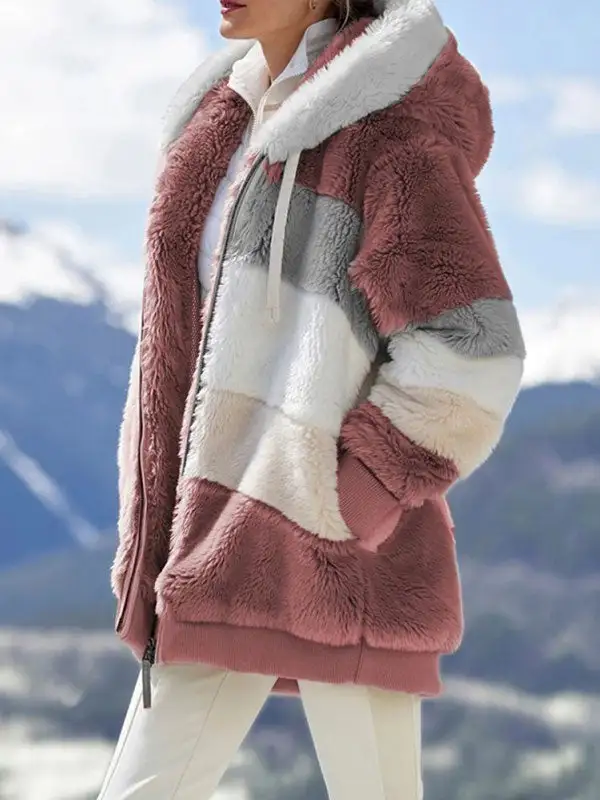 Loose Plush Multicolor Hooded Coat