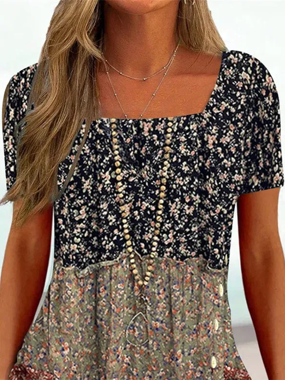 Women Short Sleeve U-neck Floral Printed Stitching Tops