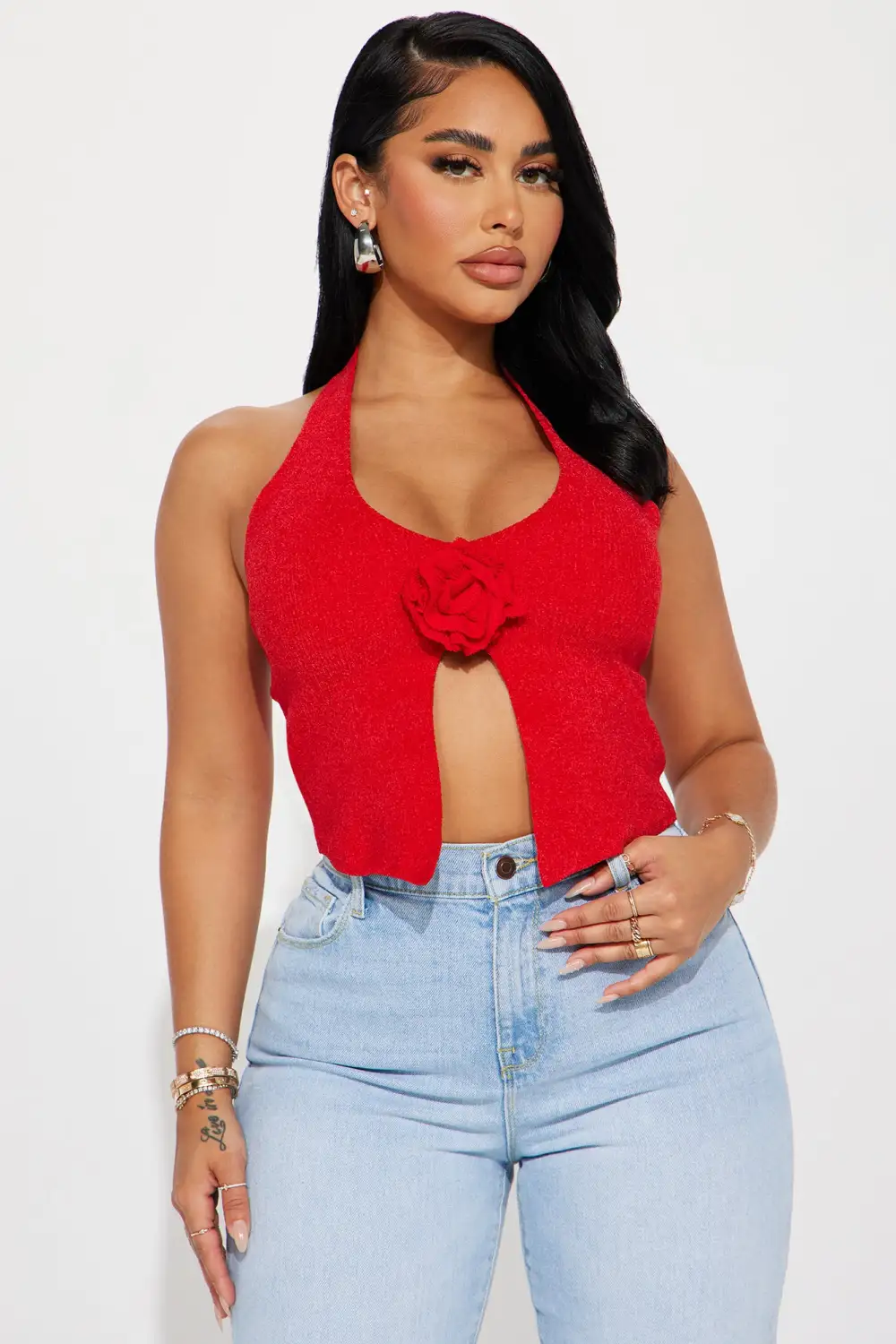 Wish You Roses Halter Sweater Top - Red