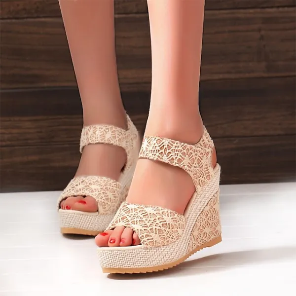 Women's Sandals Wedge Sandals Lace Wedge Heel Peep Toe Casual Polyester Mesh Magic Tape Black Beige