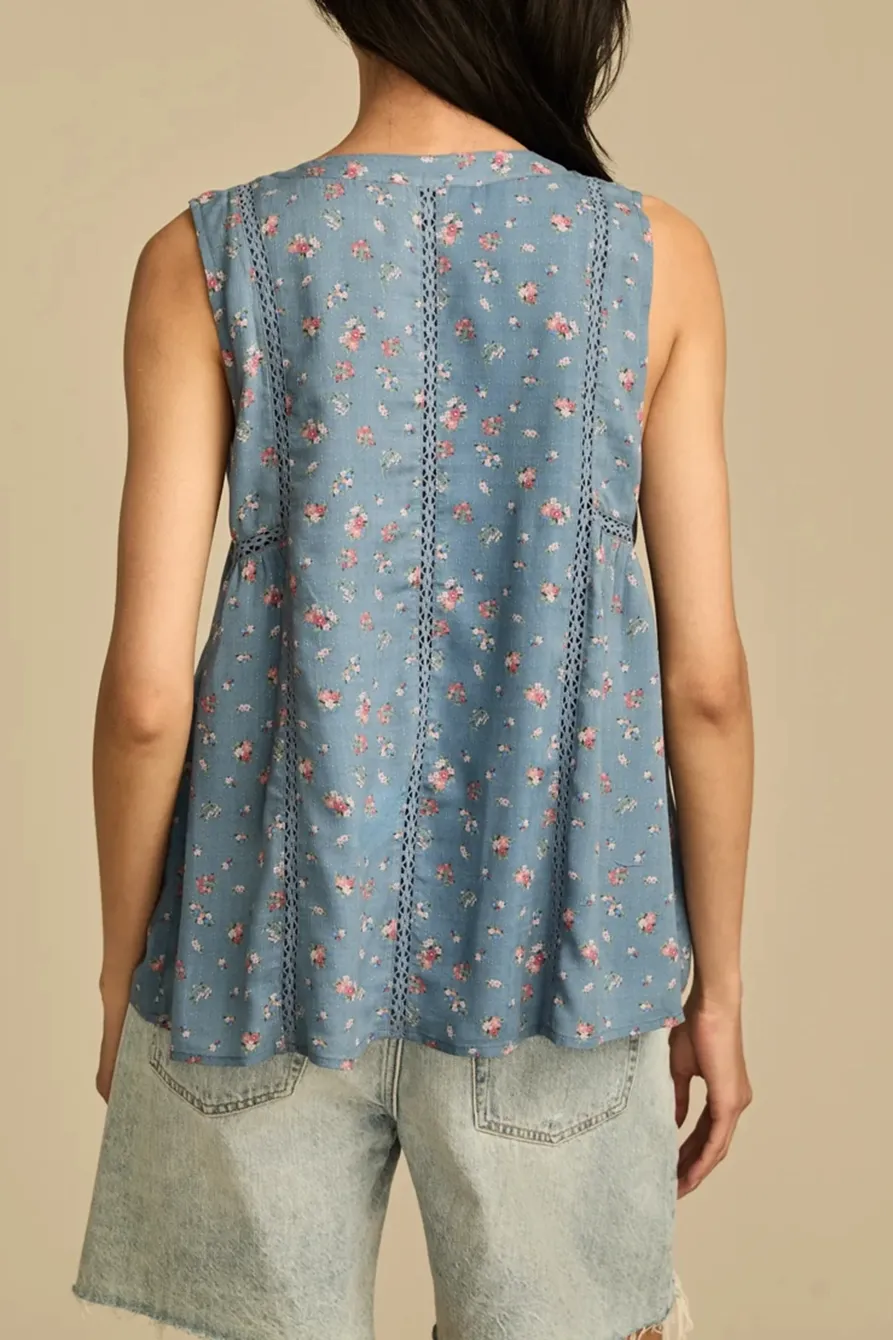 Blue Ditsy Trapunto Sleevless Shirt