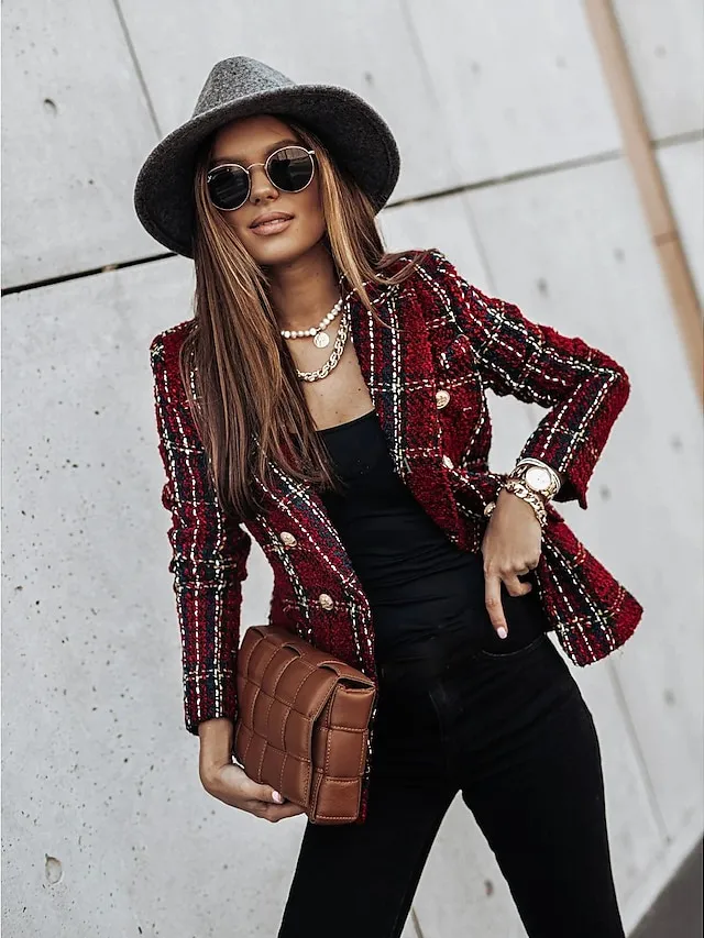Women's Blazer Tweed Maillard Plaid Long Sleeve Coat Fall Winter Business Double Breasted Regular Jacket Green Brown XL 2XL 3XL