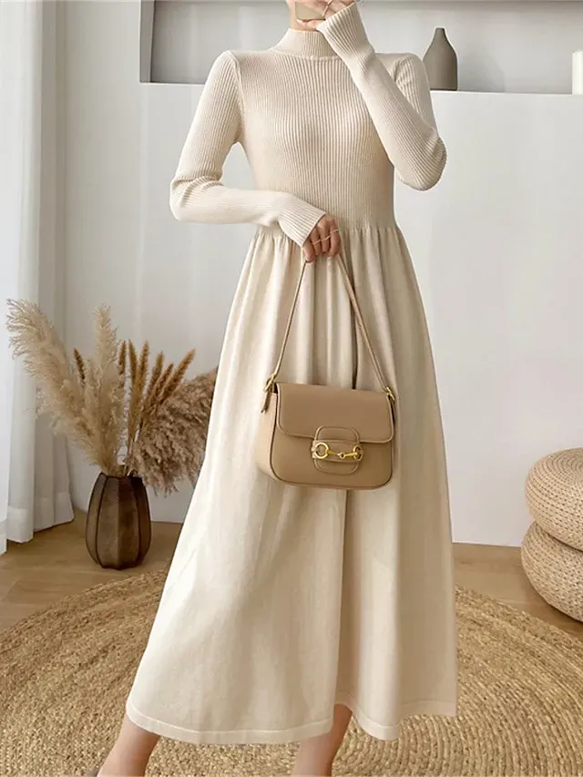 Women's Sweater Dress Knit Dress Jumper Dress Midi Dress Knitwear Elegant Fashion Plain Outdoor Daily Going out Turtleneck Long Sleeve 2023 Loose Fit Black Apricot One Size