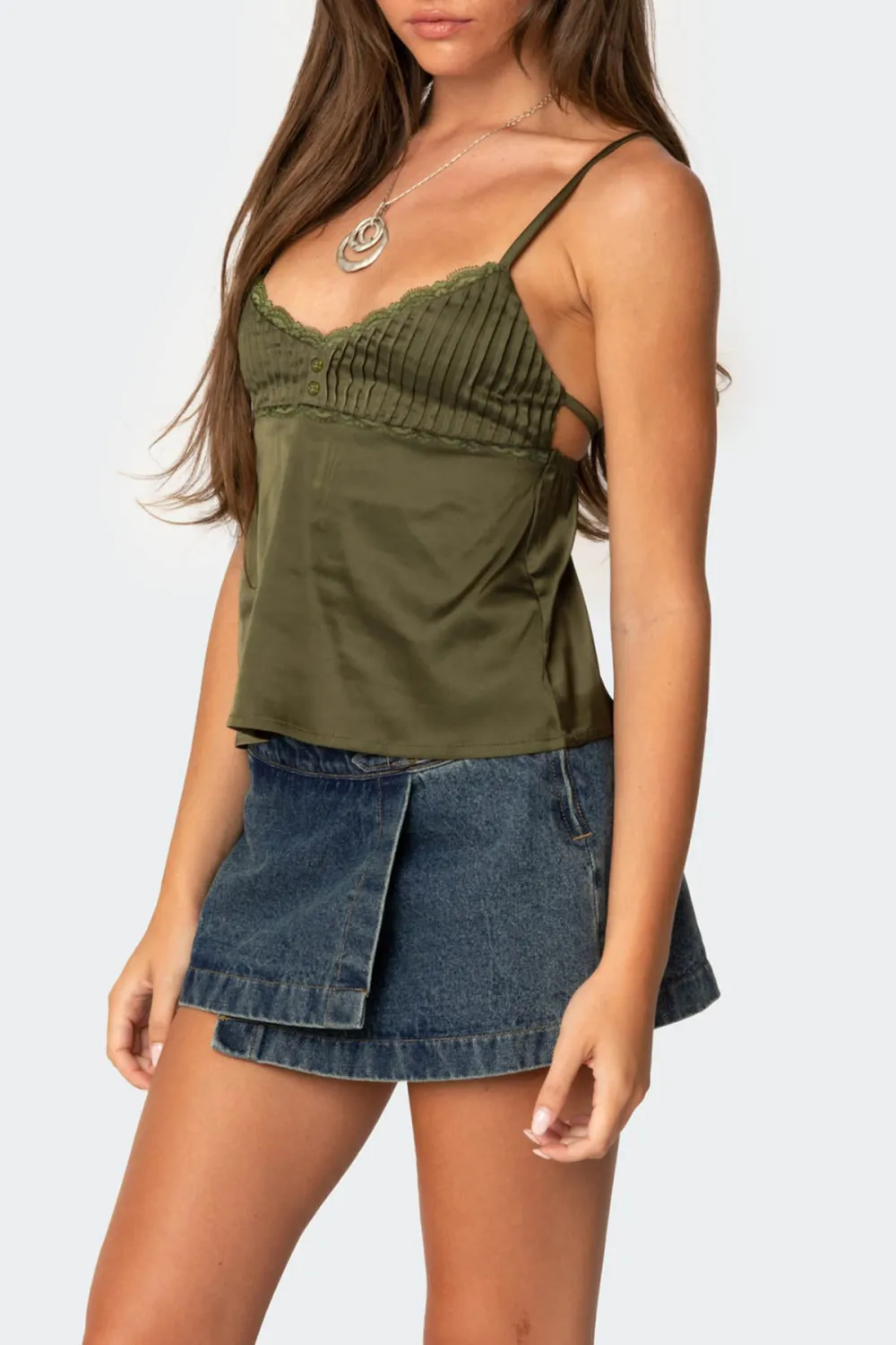 Satin Pleated Lace Trim Tank Top