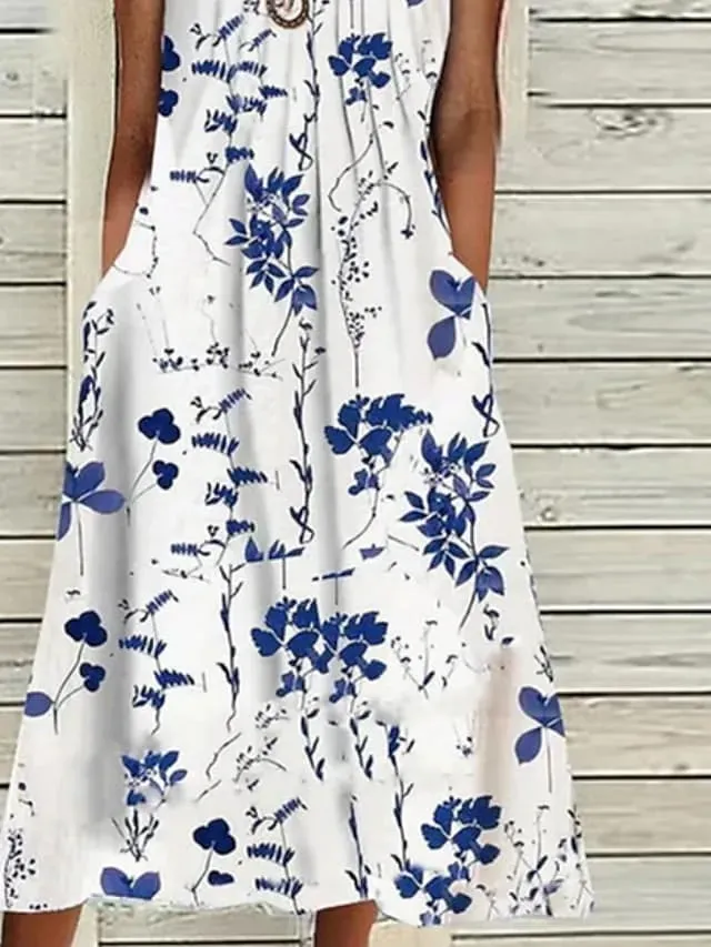 Women's Casual Dress Midi Dress White Short Sleeve Floral Ruched Dress