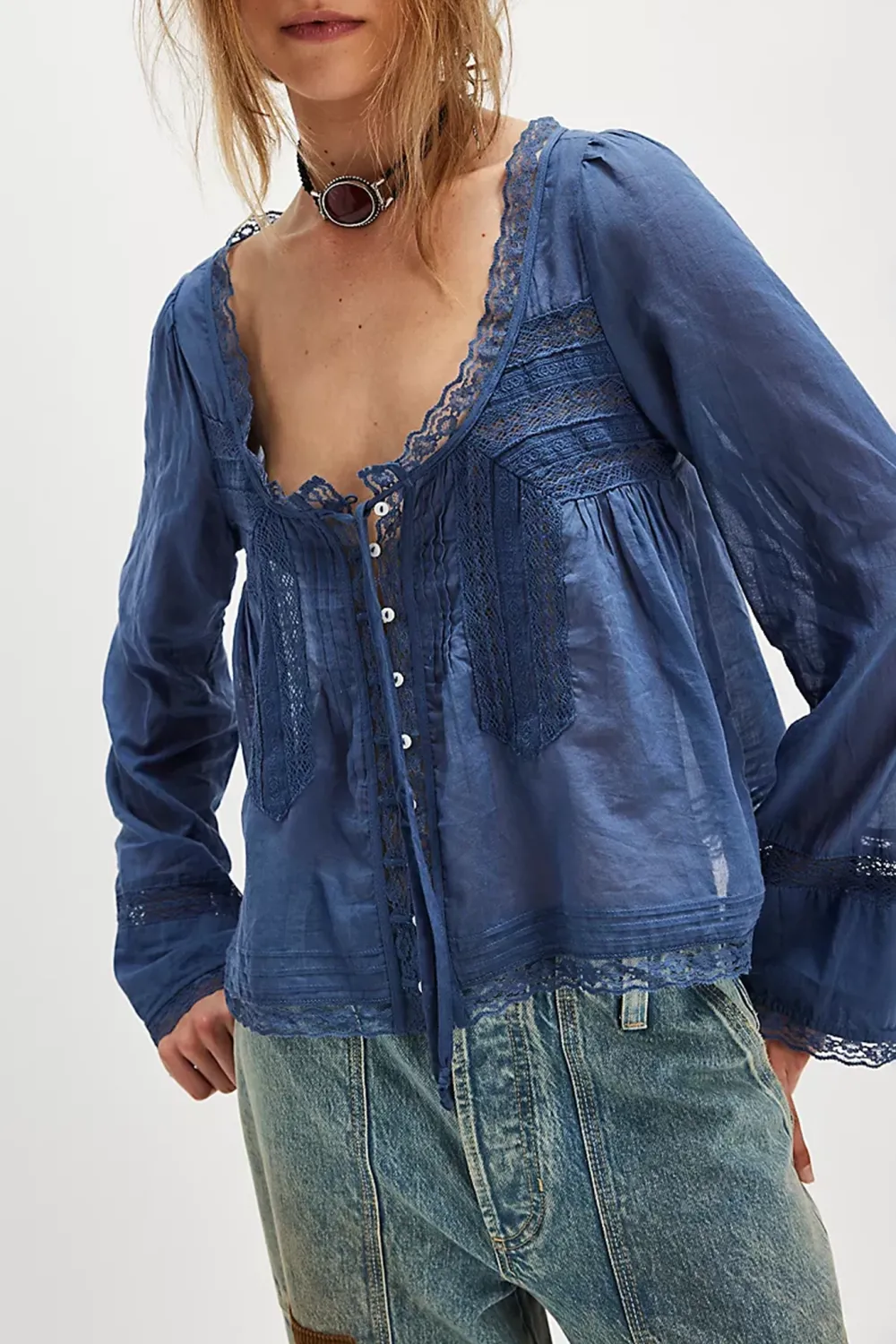 Lace Trimmed Long Sleeve Blouse