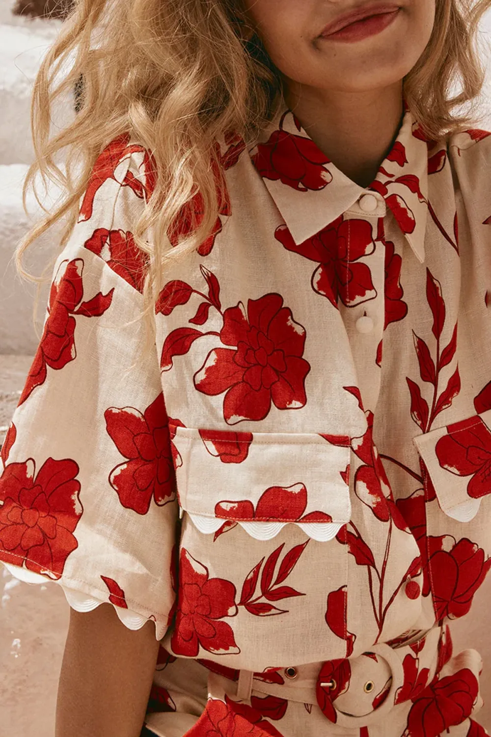 Floral Print Cotton & Linen Button Up Top