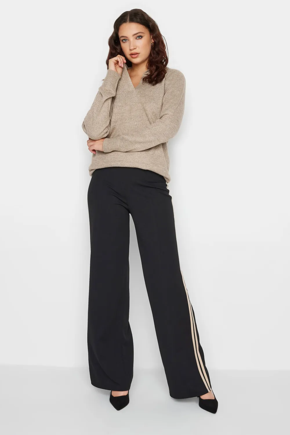 LTS Tall Beige Brown Open Collar Jumper