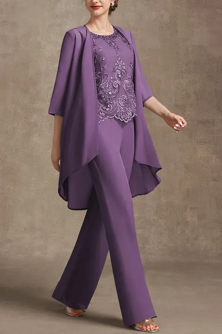 Plus Size Embroidery Chiffon Three Pieces Set Pant Suits