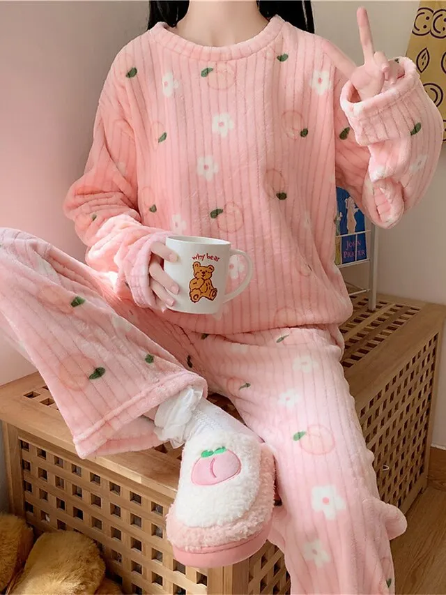 Women's Fleece Loungewear Sets Fluffy Pajama Fuzzy 2 Pieces Bear Peach Fashion Casual Comfort Street Daily Date Polyester Warm Crew Neck Long Sleeve Pant Fall Winter Lotus Pink Black