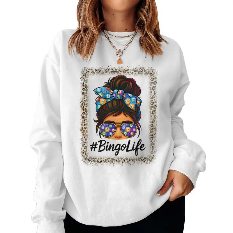 Bingo Life Messy Bun Bingo Lover Grandma Leopard Print Women Sweatshirt
