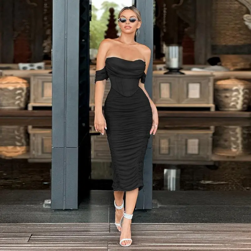 Women's Off The Shoulder Cocktail Midi Dress with Built-in Bra Ruched Bodycon Corset for Fall Homecoming Wedding Guest Formal Party - Sleeveless