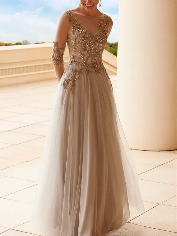 Round Neck Mesh Sequin Maxi Dress