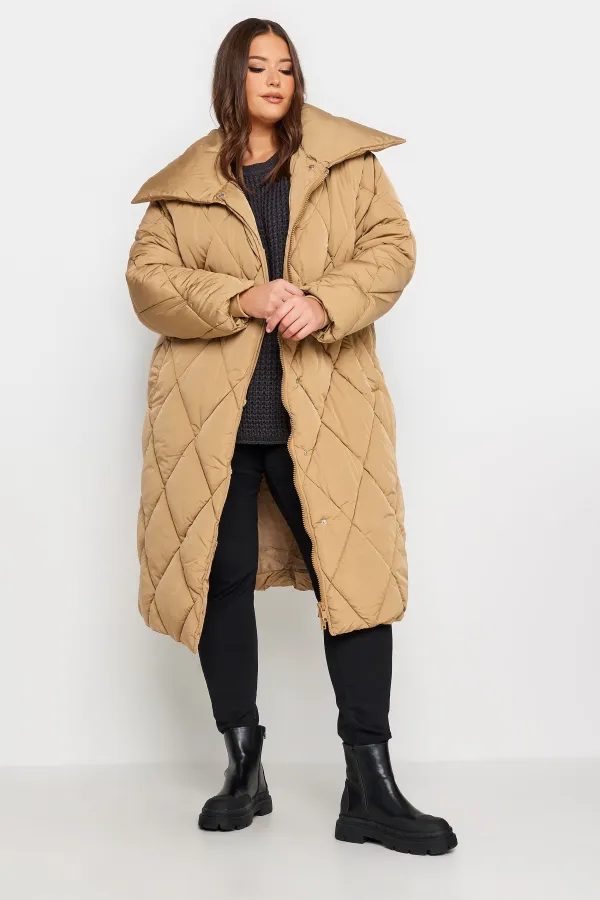 YOURS Curve Beige Brown Quilted Puffer Coat
