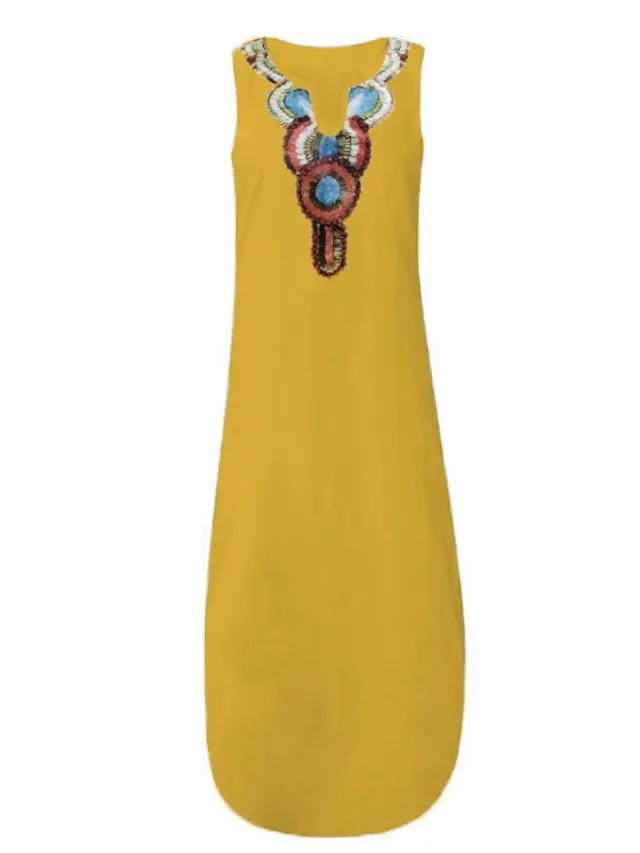 Women's Casual Dress Shift Dress White Dress Long Dress Maxi Dress Polyester Hot Casual Holiday Vacation Beach V Neck Split Print Sleeveless Summer Spring Fall 2023 Regular Fit White Yellow Wine