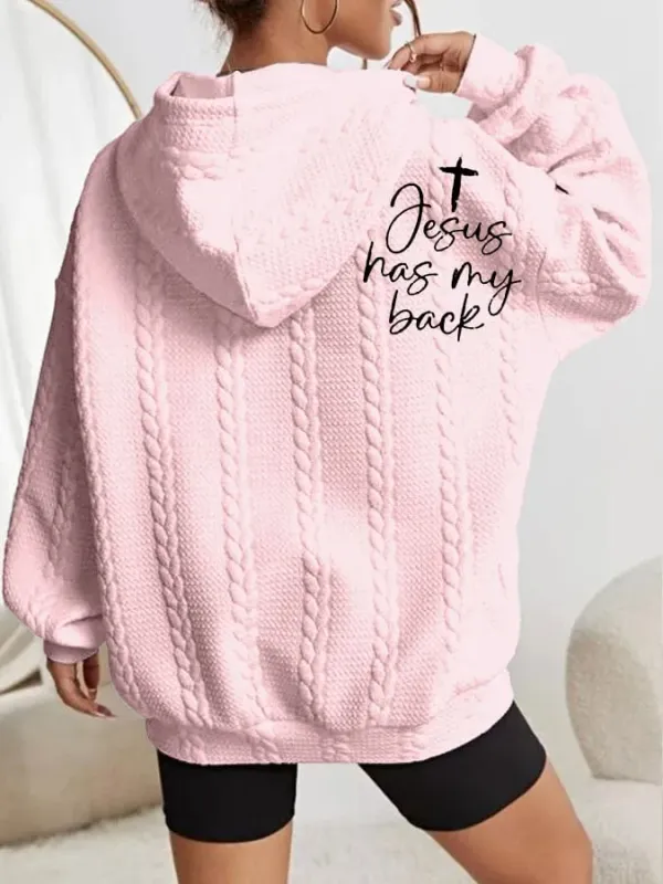 Women's Faith Jesus Has My Back Printed Casual Cable Hoodie