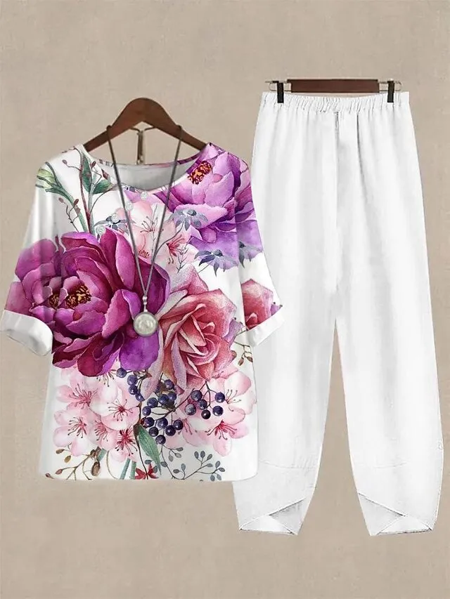 Women's Shirt Pants Sets Floral White Pink Blue Print Short Sleeve Casual Daily Daily Basic Crew Neck Regular Fit Fall & Winter