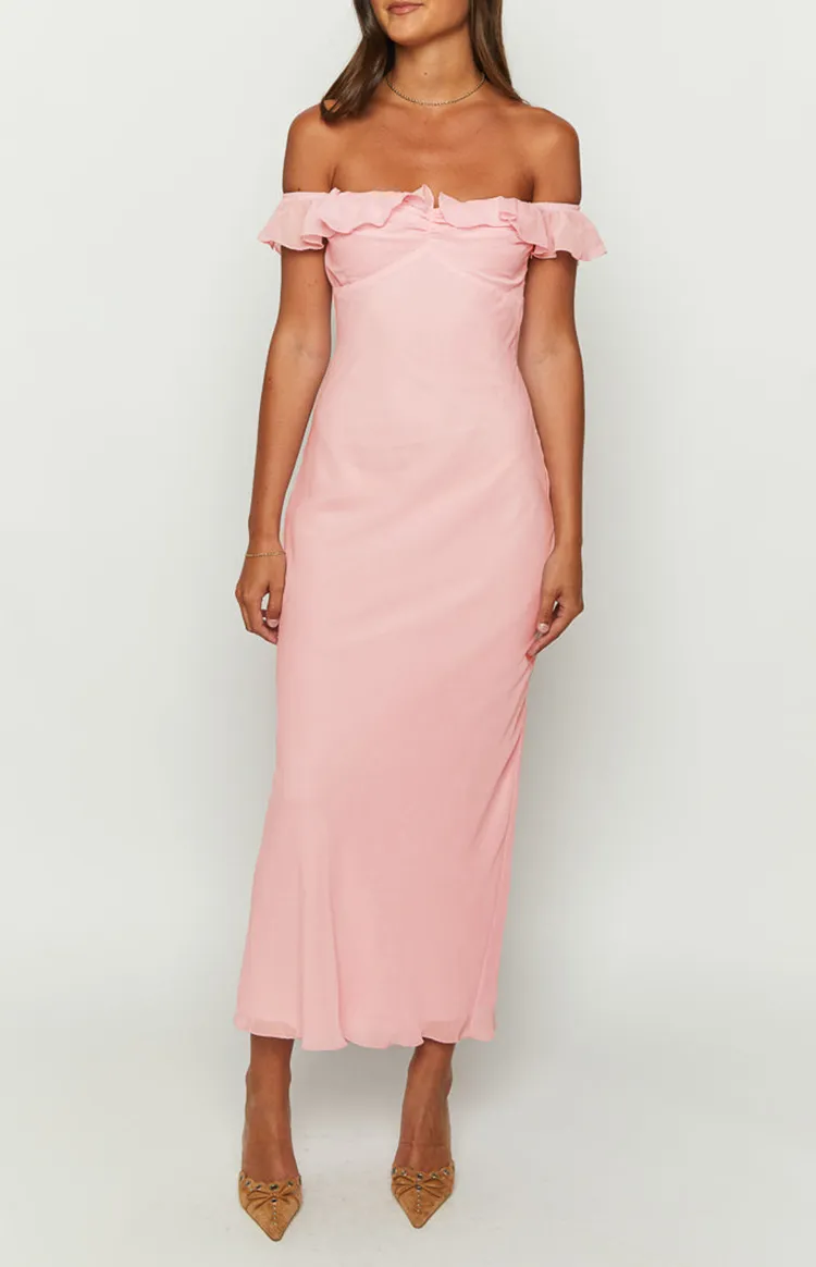 Ruffled Off Shoulder Blush Pink Maxi Dress