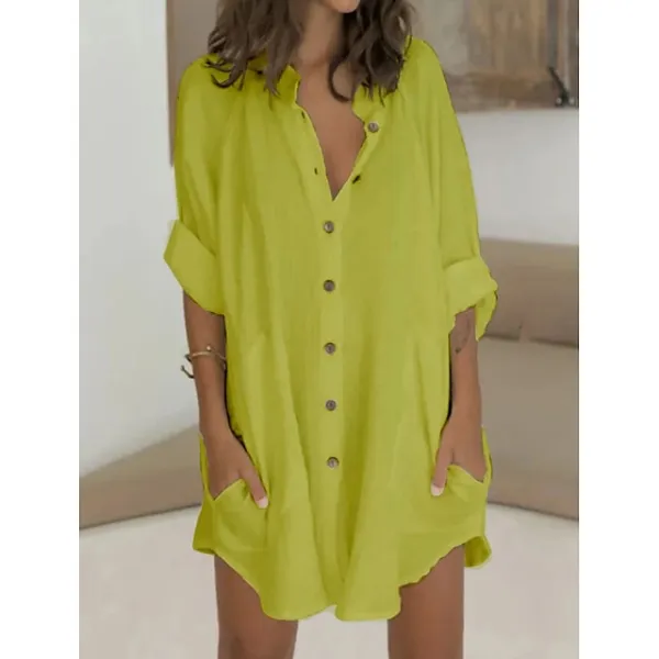 Women's Shirt Dress Casual Dress Mini Dress White Green Long Sleeve Pure Color Button Fall Spring Summer Shirt Collar Basic Daily Fall Dress Loose Fit 2023 M L XL 2XL 3XL