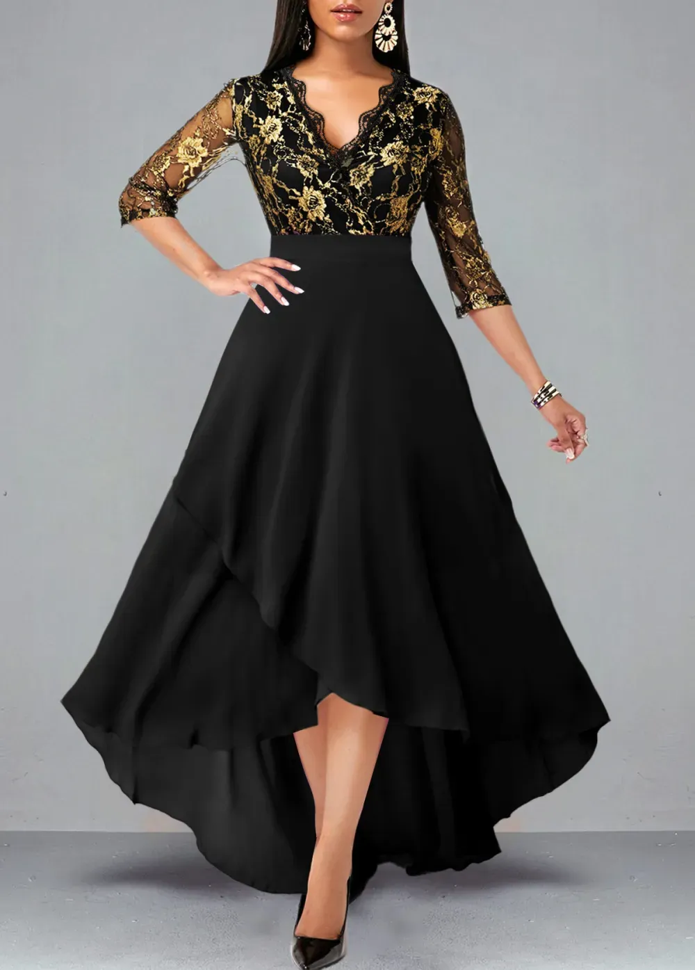 Black Floral Lace Panel High Low Dress