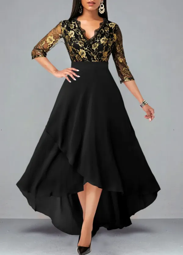 Black Floral Lace Panel High Low Dress