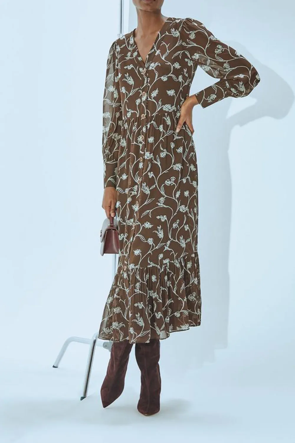 Brown Floral Print Long Sleeve Midi Dress