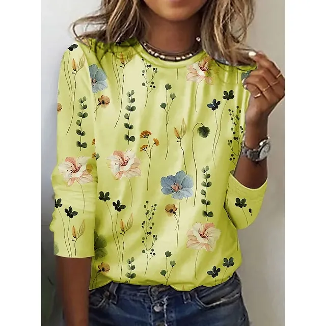 Women's T shirt Tee White Yellow Pink Floral Print Long Sleeve Holiday Weekend Basic Round Neck Regular Fit Floral Painting Fall & Winter