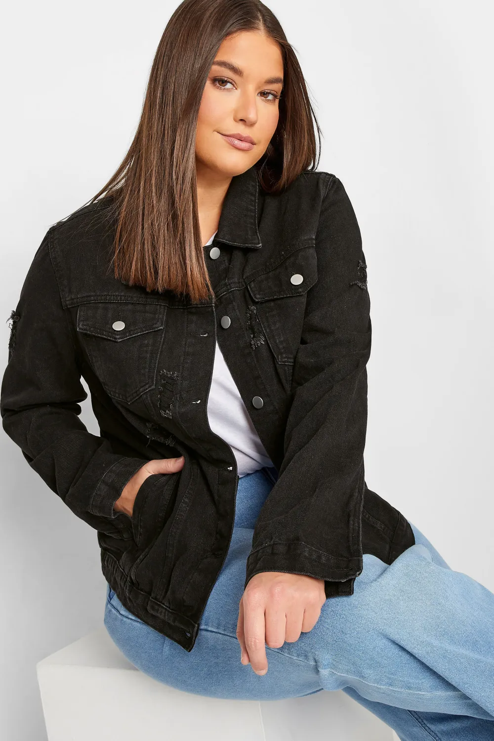 LTS Tall Black Distressed Denim Jacket