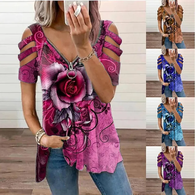 Women Tops T-Shirt Hollow-Out Shoulder Short Sleeve Casual Blouse Shirts Flower Print V-Neck Zipper Shirt