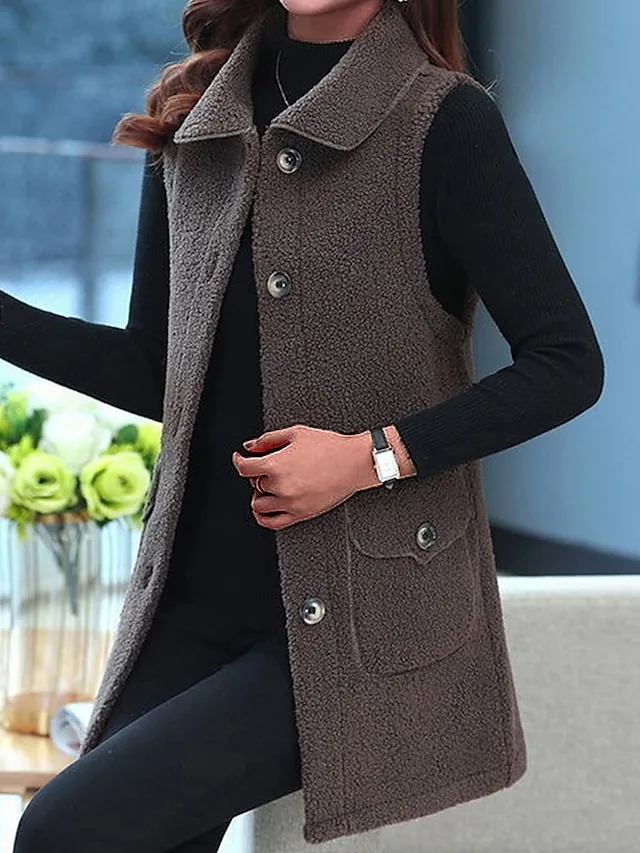 Women's Teddy Vest Long Teddy Coat Fall Sherpa Jacket Fleece Warm Zipper Vest with Pockets Winter Long Coat Windproof Warm Modern Style Sleeveless Plain Pink Red Khaki