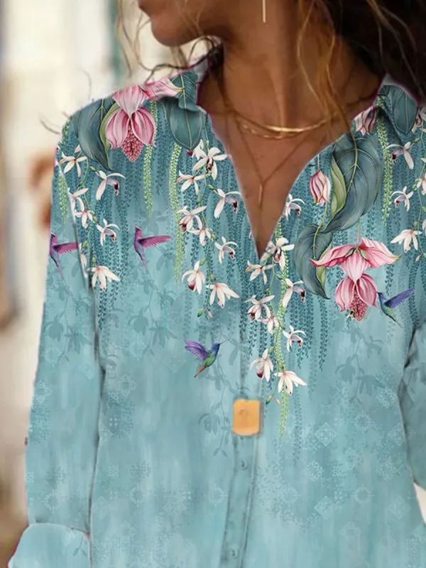 Floral Print Loose Casual Long-sleeved Blouse