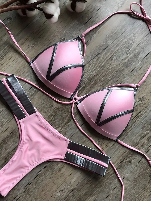 Women's Swimwear Bikini 2 Piece Normal Swimsuit Open Back Cut Out Sexy Leopard Color Block Leopard Print Black Pink Wine Dusty Rose Camisole Strap Bathing Suits New Vacation Sexy