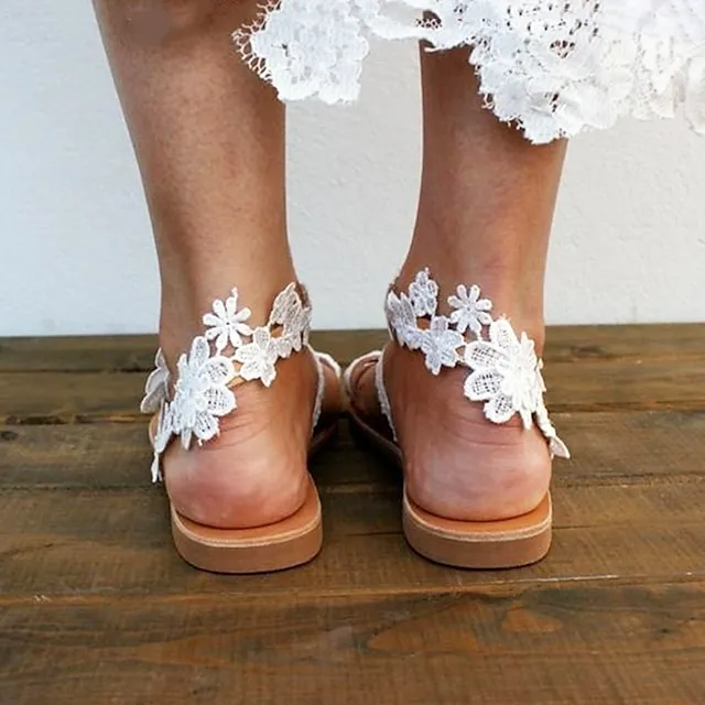 Women's Wedding Shoes Sandals Boho Bohemia Beach Flat Sandals Plus Size Wedding Daily Beach Wedding Flats Wedding Sandals Bridal Shoes Summer Flower Flat Heel Open Toe Cute Elegant Classic Lace PU