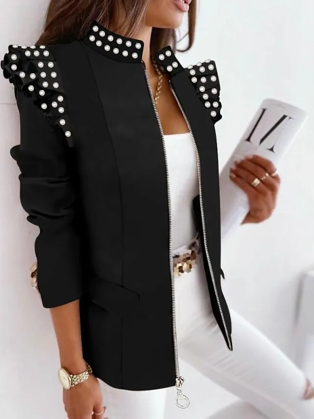 Women's Blazer Formal Casual Daily Baroque Ruffle Full Zip Print Outdoor Work Street Daily Cotton Coat Winter Fall Leopard Black Pink Zipper Stand Collar Regular Fit S M L XL XXL