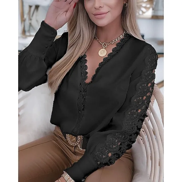 Women's Blouse White Solid Colored Lace Daily Fashion Basic Elegant V Neck Spring Fall Winter