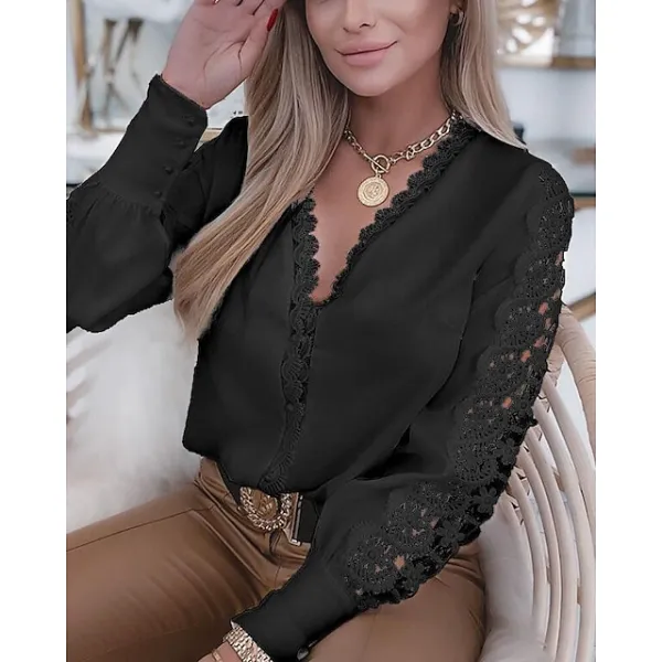 Women's Blouse White Solid Colored Lace Daily Fashion Basic Elegant V Neck Spring Fall Winter