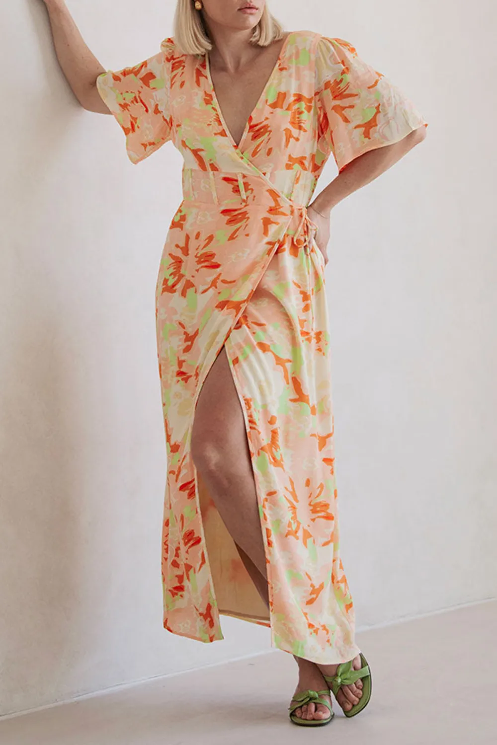 Floral Print Wrap Style Slit Midi Dress