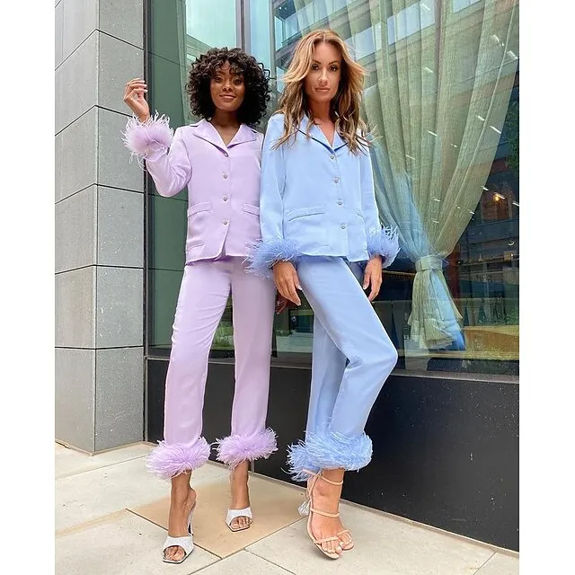 Women's Gift Loungewear Pajamas Sets Home Party Valentine's Day Feather Pure Color Silk Simple Soft Shirt Pant Fall Spring Summer Lapel Long Sleeve Long Pant Buckle Pocket