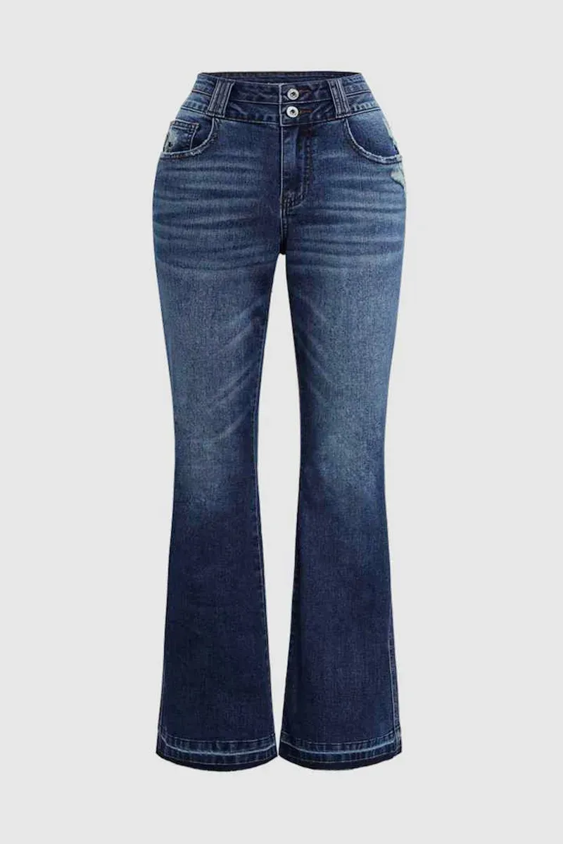 Dual Button Ripped Raw Hem High Rise Bootcut Jeans